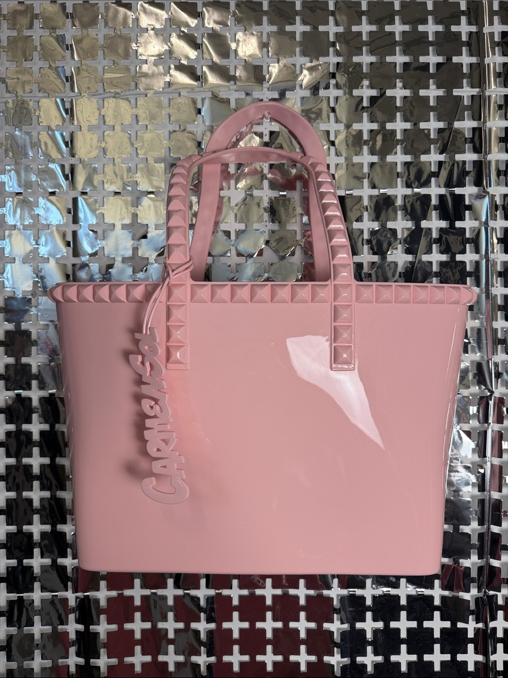 Carmen Sol Pink Glossy Tote with Stud-Trim Handles